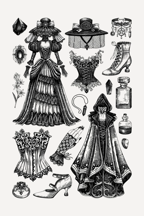 Gothic fashion poster design template. Victorian clothes hand-drawn vector illustration. Vintage wall art. NOT AI generated